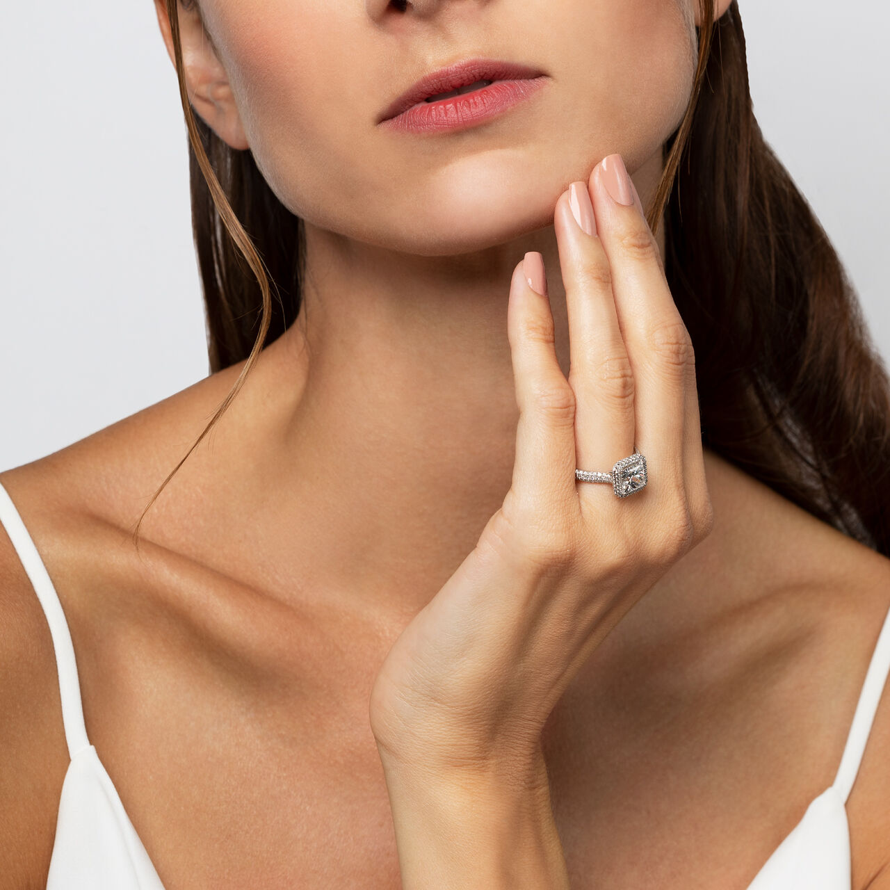 bijoux birks square phillips single halo princess cut diamond engagement ring with pave band on model image number 1