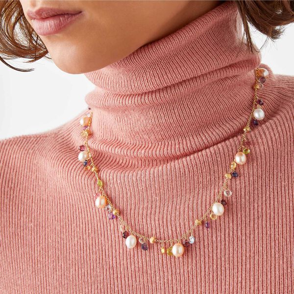 Paradise Yellow Gold, Semi-Precious Gemstone and Pearl Necklace
