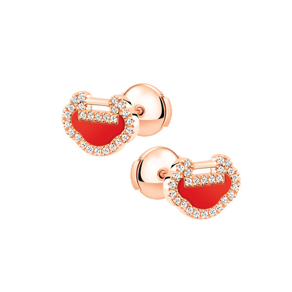 Boucles d'oreilles clous Yu Yi Petite en or rose, agate rouge et pavé de diamants