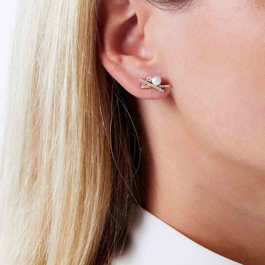 yoko london sleek yellow gold peral x earrings qye2202 6x on model image number 1