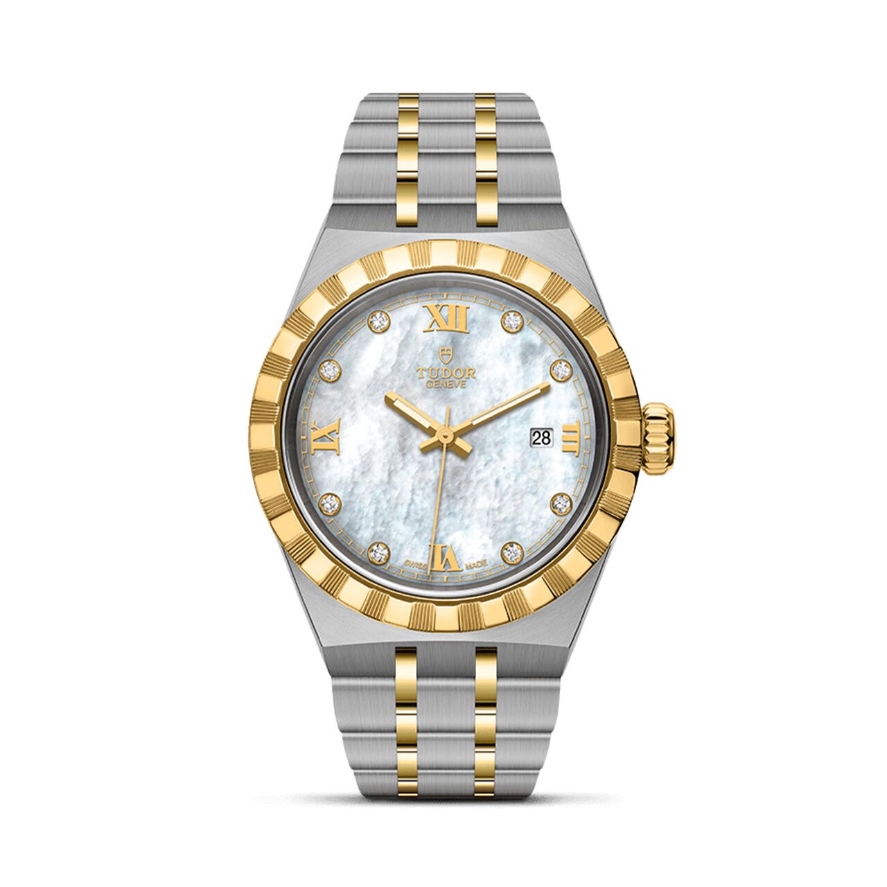 tudor royal 28 mm steel case mother of pearl diamond set dial steel and gold bracelet m28303 0007 image number 0