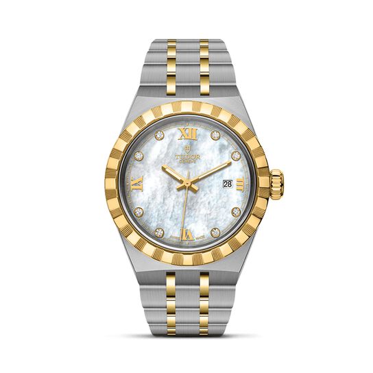 tudor royal 28 mm steel case mother of pearl diamond set dial steel and gold bracelet m28303 0007 image number 0