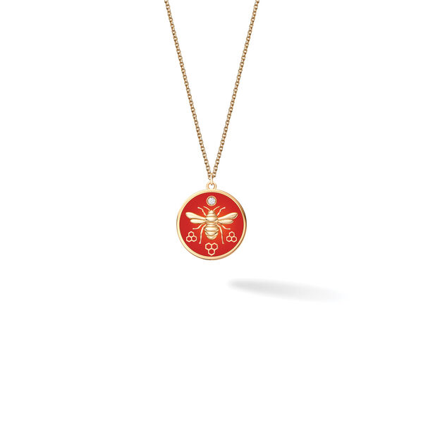 Large Red Enamel and Diamond Round Medallion Necklace in Yellow Gold