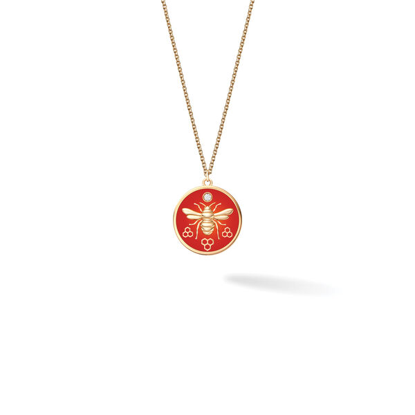 Collier à grand médaillon rond en or jaune et en émail rouge avec diamant
