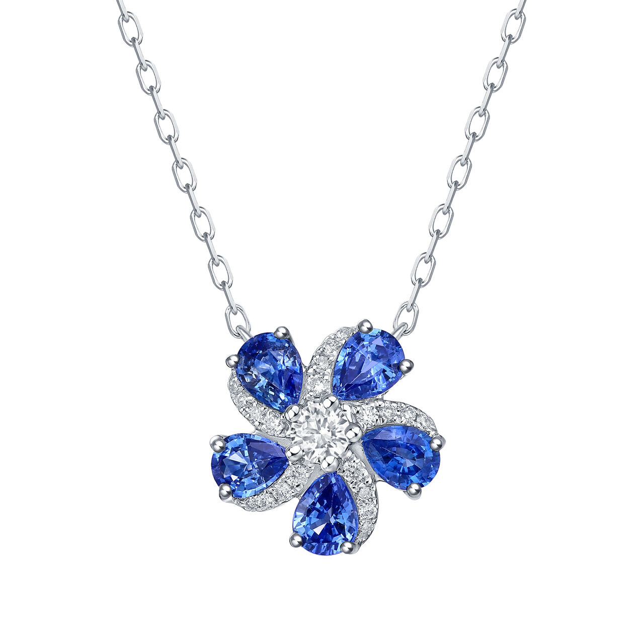 Blue Sapphire and Diamond Flower Pendant in White Gold image number 0