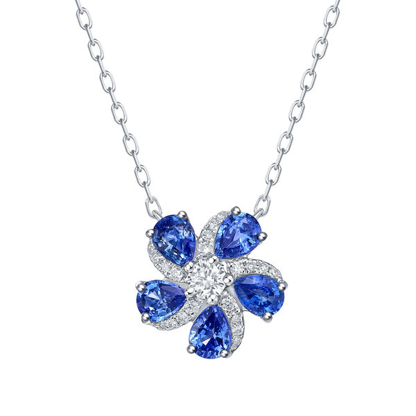 Pendentif Fleur de Saphirs Bleus et Diamants en Or Blanc