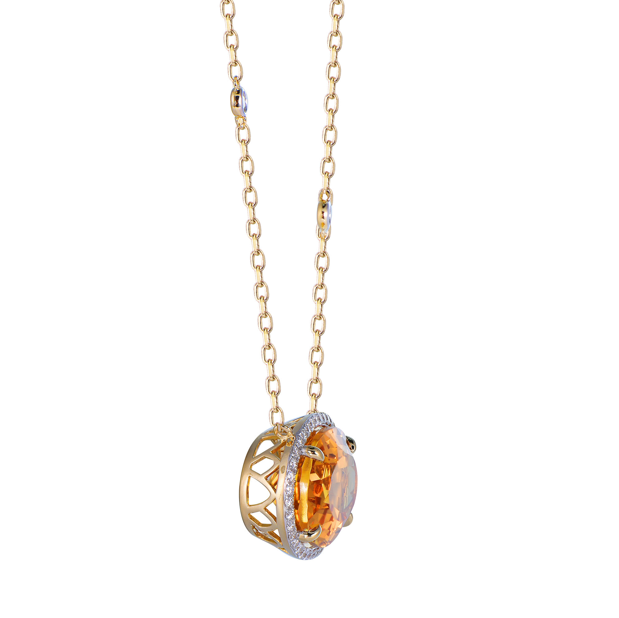 Oval Citrine Pendant with Diamond Halo in Yellow Gold