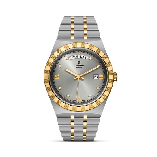 tudor royal 41 mm steel case silver diamond set dial steel and gold bracelet m28603 0002 image number 0