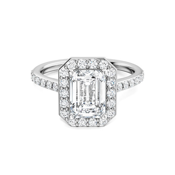 Emerald-Cut Diamond Engagement Ring with Halo and Pav&eacute; Band