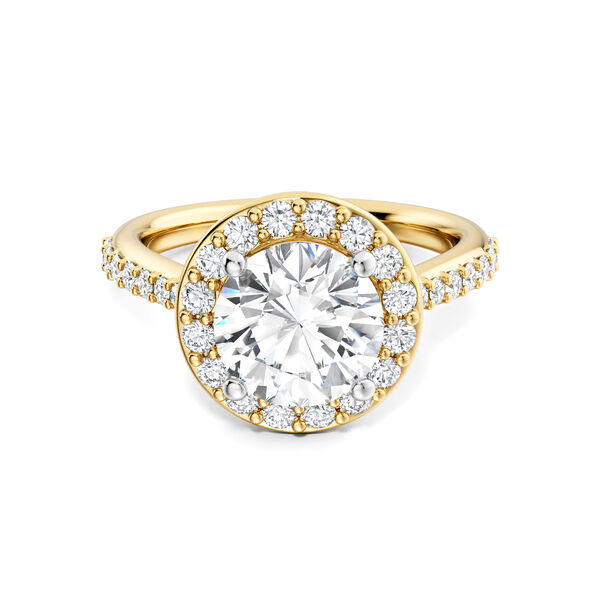 Round Solitaire Diamond Engagement Ring with Halo and Diamond Band in Yellow Gold
