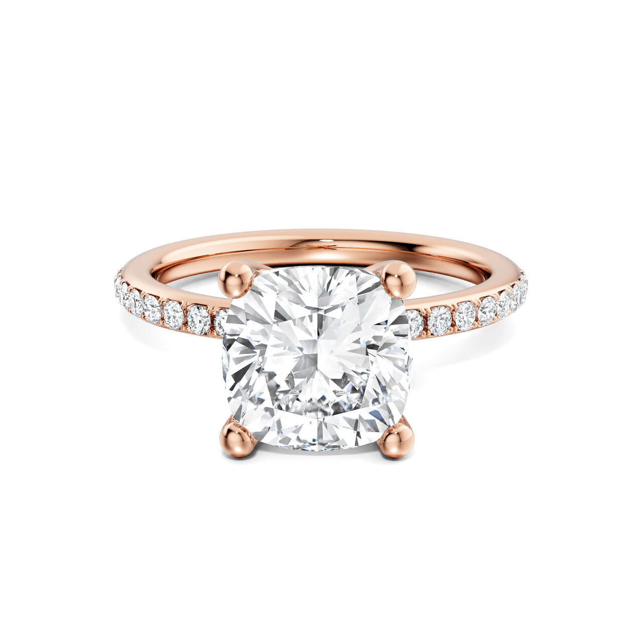 Cushion-cut diamond pav&eacute; engagement ring in rose gold, front view image number 0