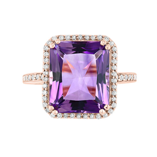 Rose Gold and Amethyst Ring with Diamond Halo image number 0