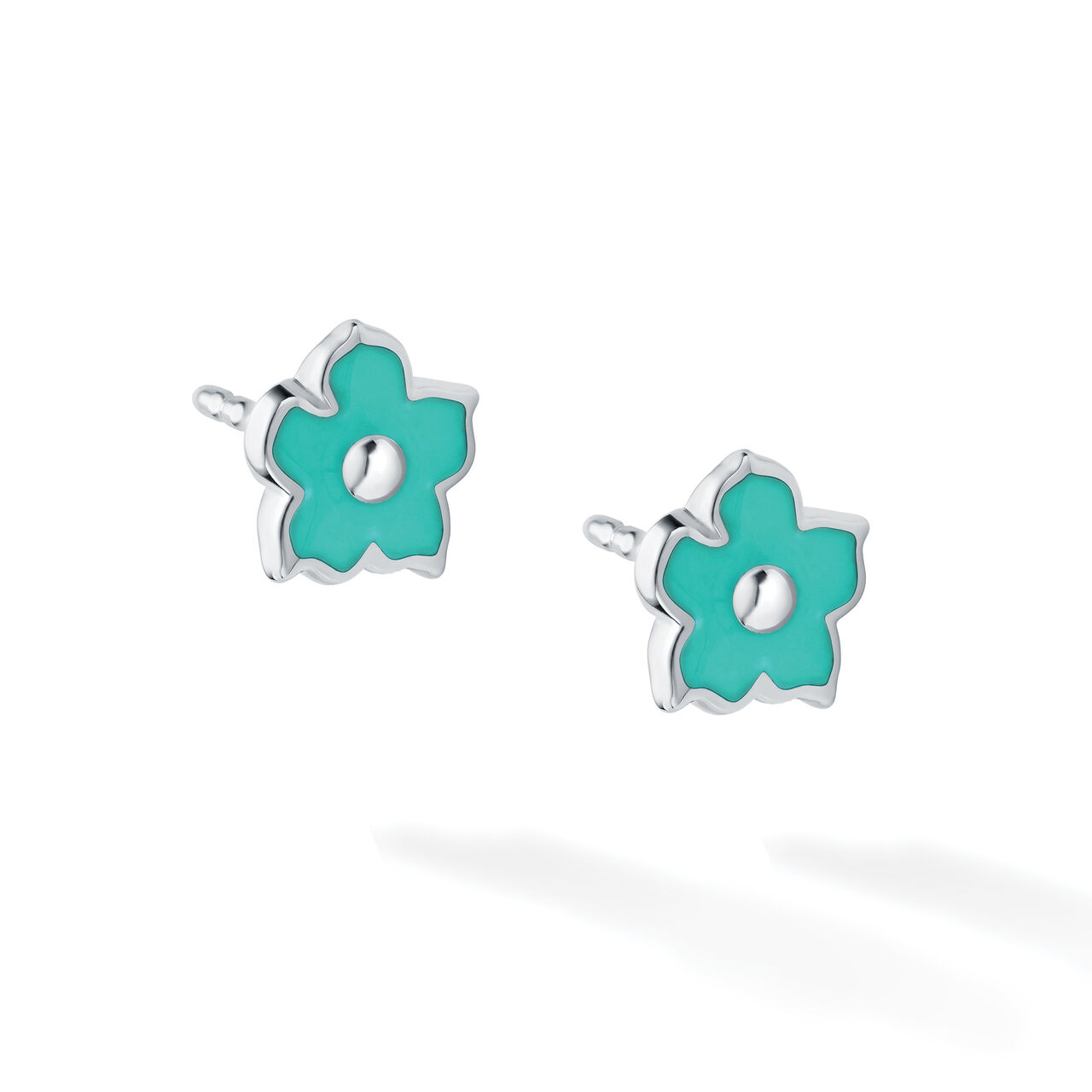 Turquoise Enamel and Silver Stud Flower Earrings for Kids image number 1