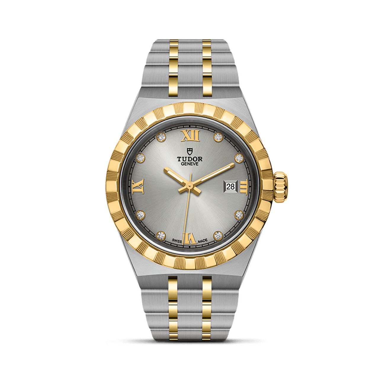 tudor royal 28 mm steel case silver diamond set dial steel and gold bracelet m28303 0002 image number 0