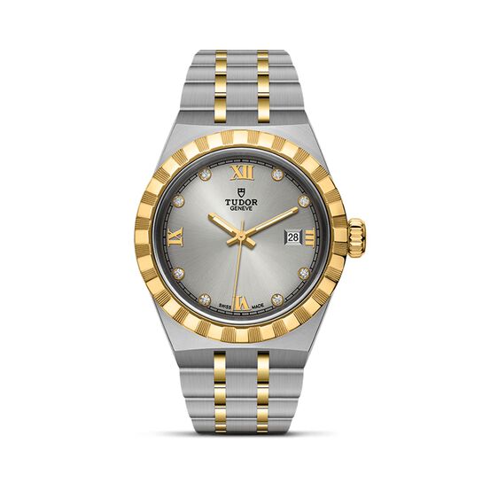 tudor royal 28 mm steel case silver diamond set dial steel and gold bracelet m28303 0002 image number 0