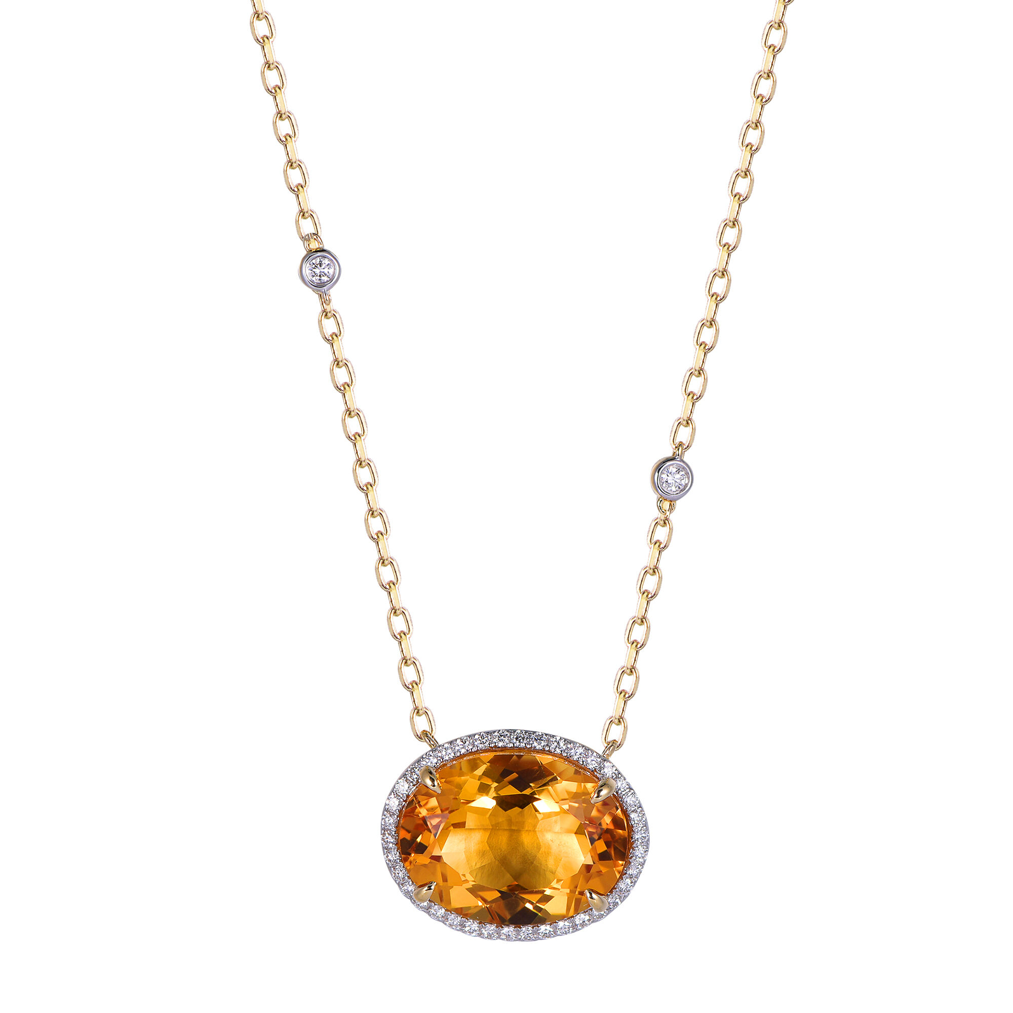 Oval Citrine Pendant with Diamond Halo in Yellow Gold