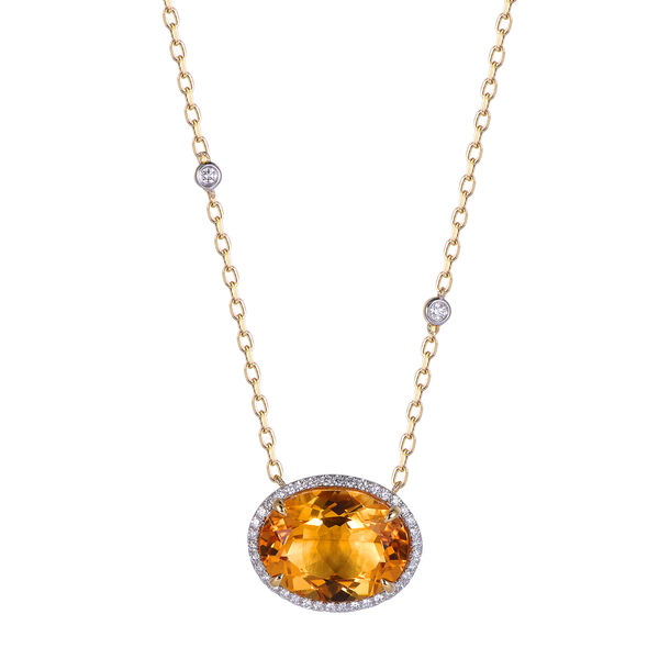 Pendentif Citrine Ovale et Halo de Diamants en Or Jaune