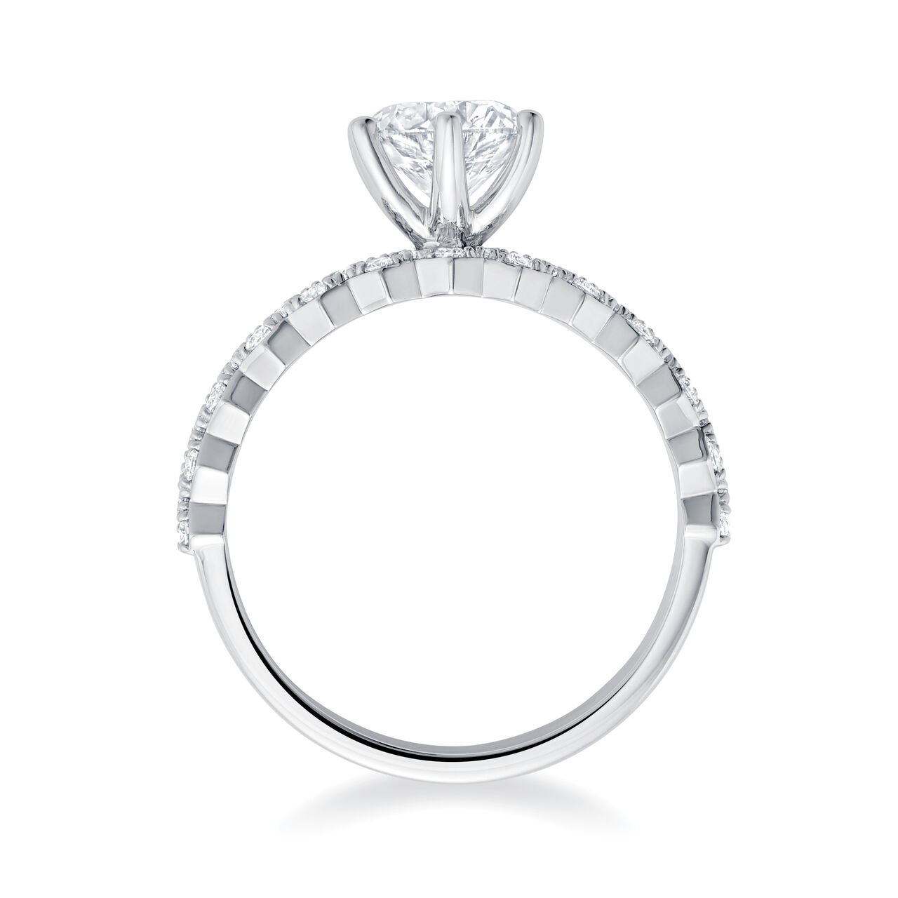 Round Solitaire Diamond Engagement Ring with White Gold and Diamond Paved Band image number 3