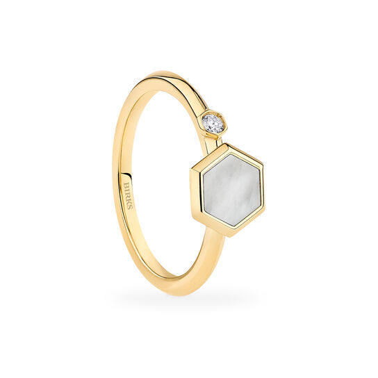 Angled view of Birks Bee Chic yellow gold ring showcasing mother-of-pearl and setting detail image number 2
