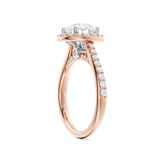 Birks 1879 Round Solitaire Diamond Engagement Ring with Halo and Diamond Band in Rose Gold image number 1