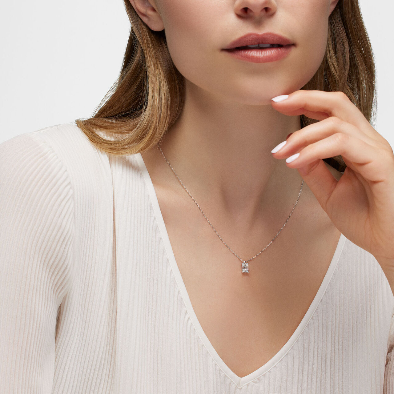 White Gold and Diamond Rectangular Cluster Pendant, Large 450018643049 on Model image number 1