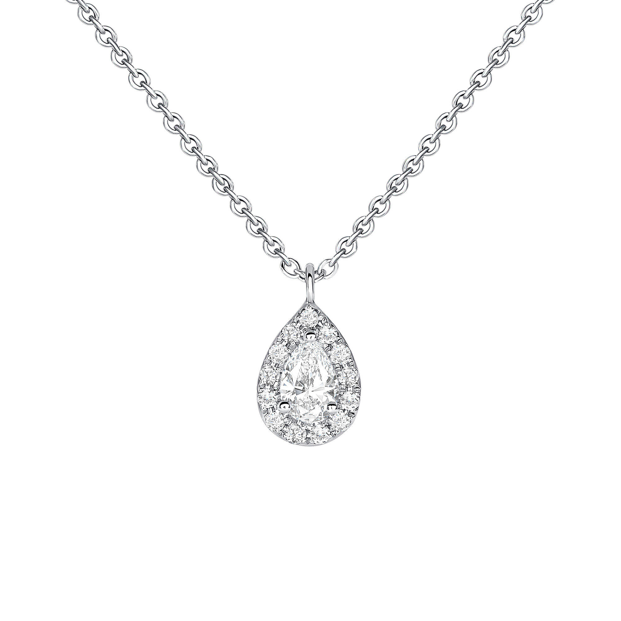 Cascade Halo Pear White Gold and Diamond Drop Necklace