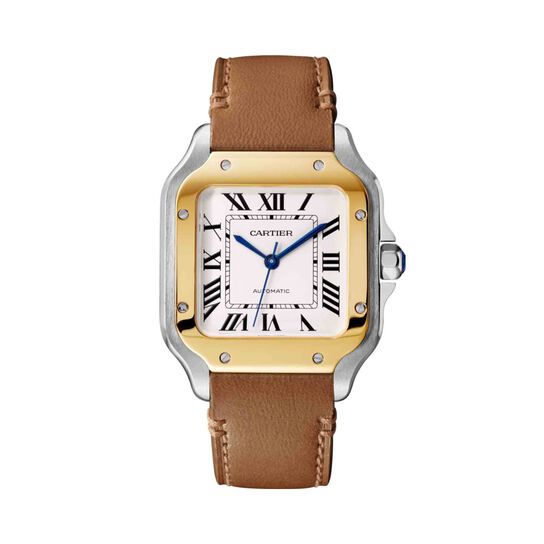 santos cartier medium automatic 35 yellow gold steel w2sa0016 front leather image number 0