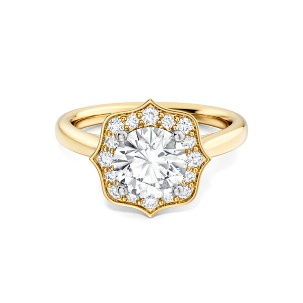 Heirloom Round Solitaire Diamond Engagement Ring with Halo and Yellow Gold Diamond Band