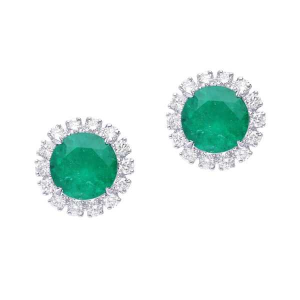 Round Emerald and Diamond Halo Stud Earrings