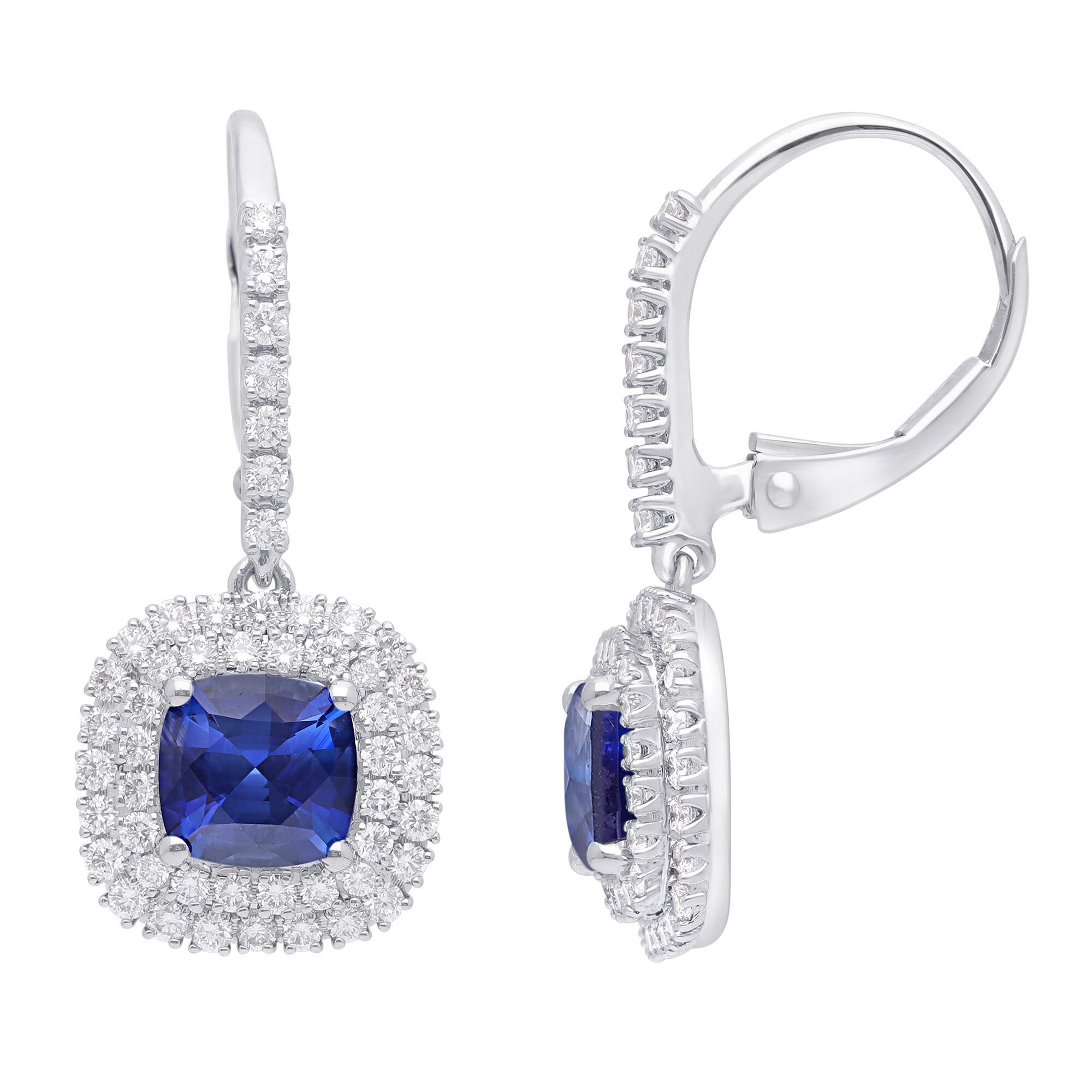 Cushion Cut Blue Sapphire and Double Diamond Halo Earrings 2.53