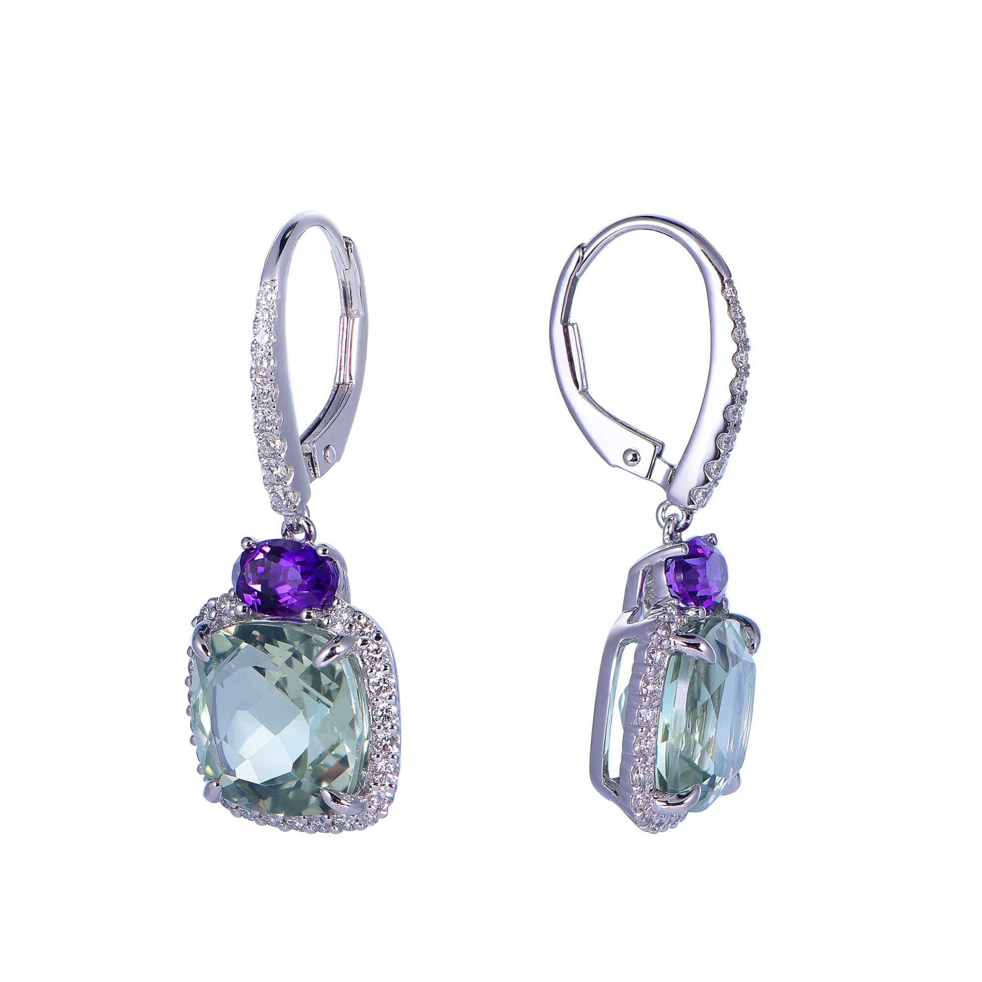 Green and Purple Amethyst Earrings in White Gold