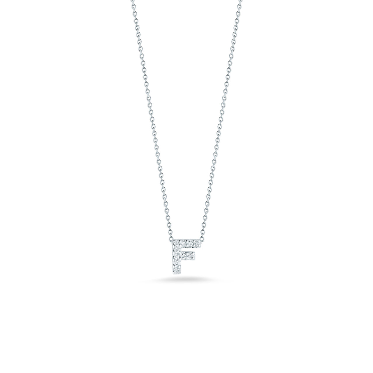 maison birks roberto coin tiny treasures love letter f white gold diamond necklace image number 0