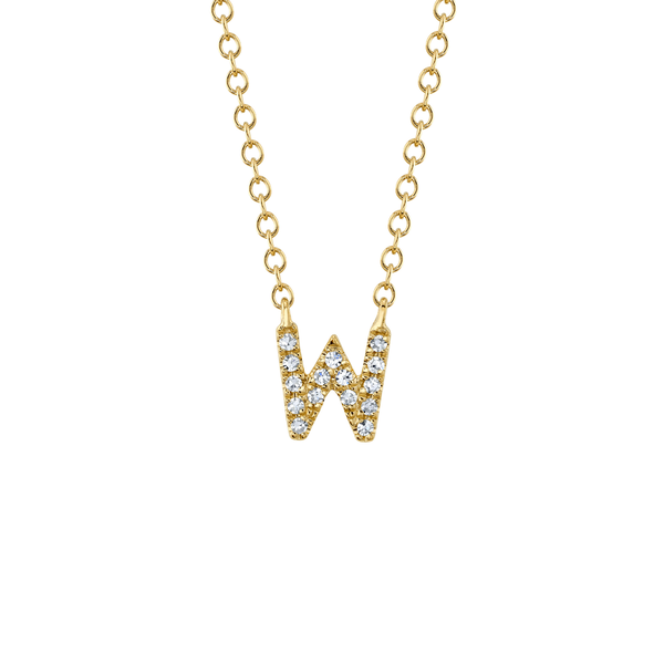Collier initiale lettre W en or jaune avec pav&eacute; de diamants