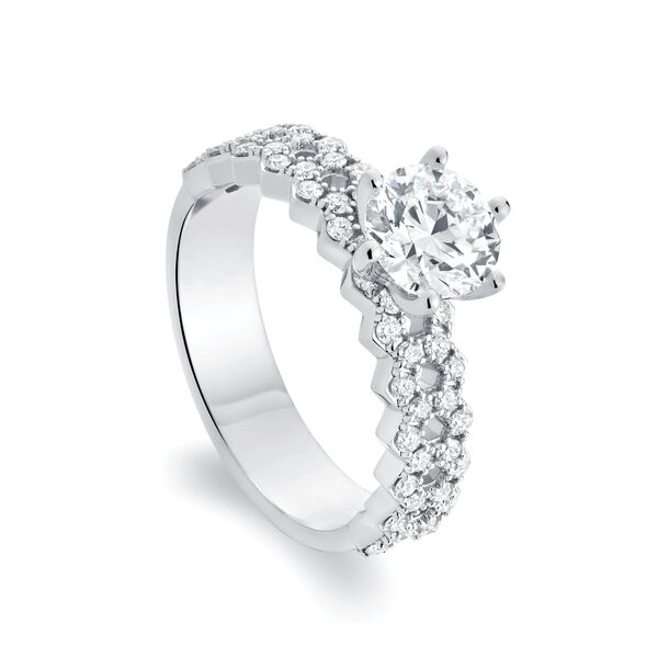 Bague de fiançailles à diamant solitaire rond avec anneau pavé en or blanc sertie de diamants