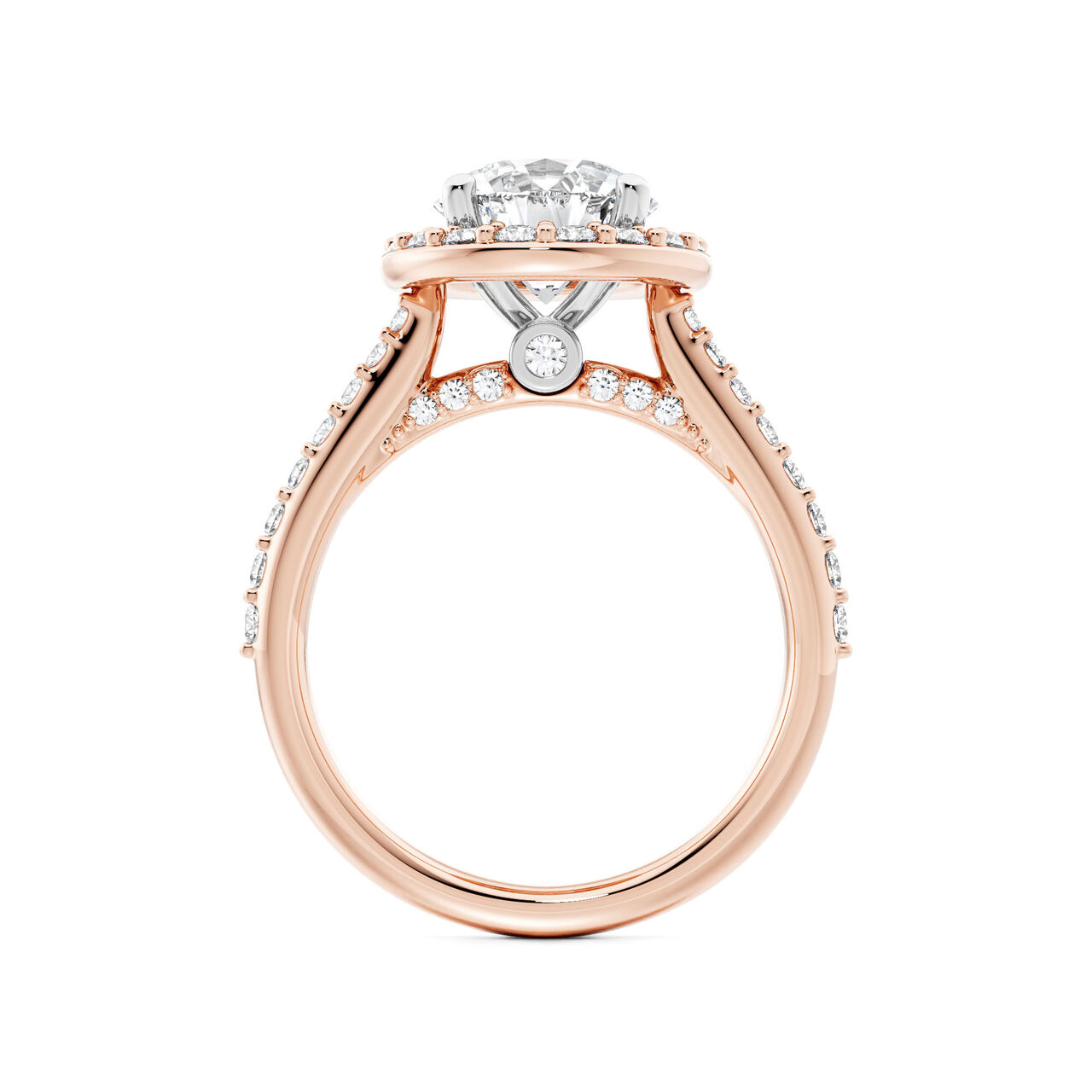 Birks 1879 Round Solitaire Diamond Engagement Ring with Halo and Diamond Band in Rose Gold image number 2