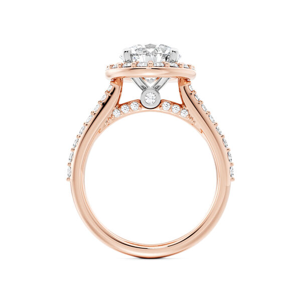 Round Solitaire Diamond Engagement Ring with Halo and Diamond Band in Rose Gold