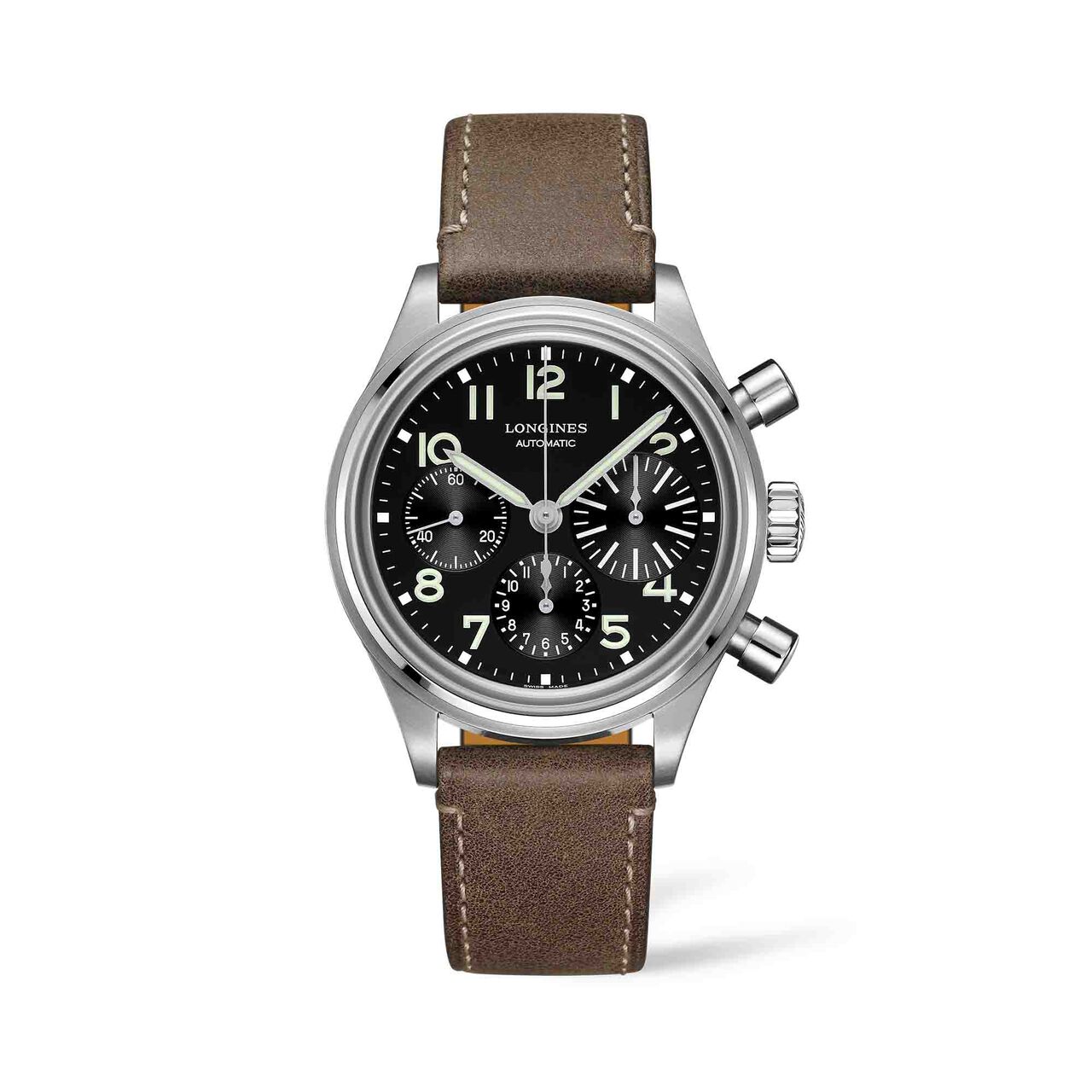 longines heritage avigation 41mm automatic chronograph black dial brown leather strap l28164532 image number 0