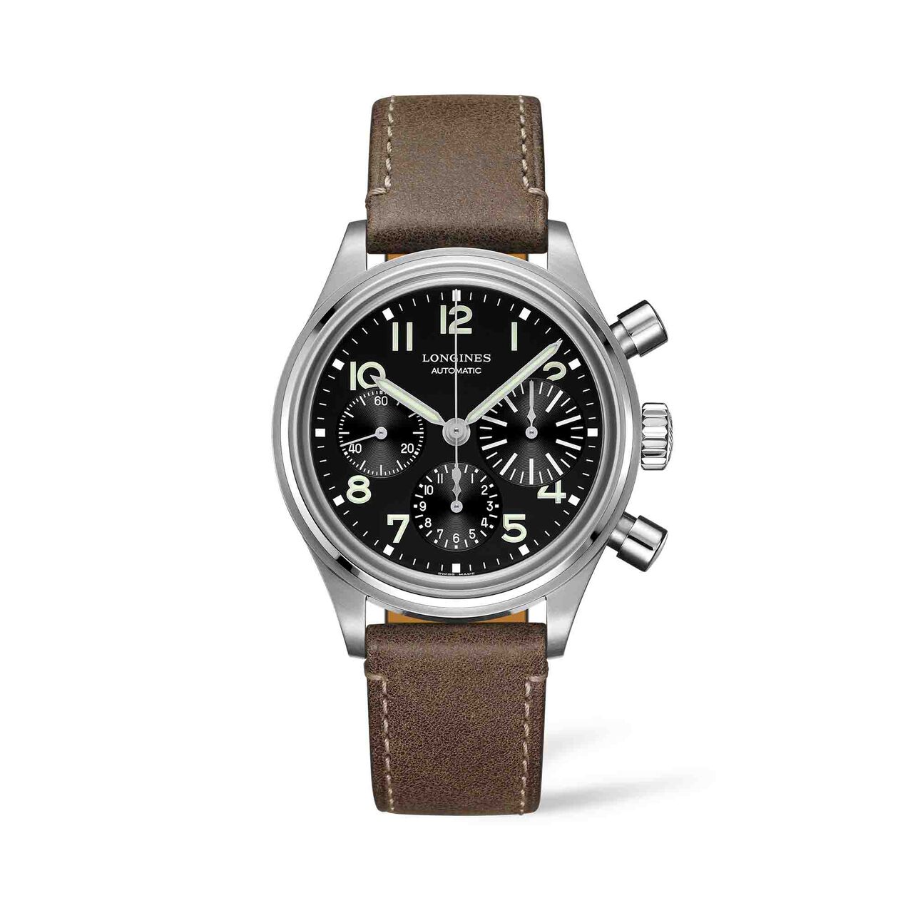 longines heritage avigation 41mm automatic chronograph black dial brown leather strap l28164532 image number 0