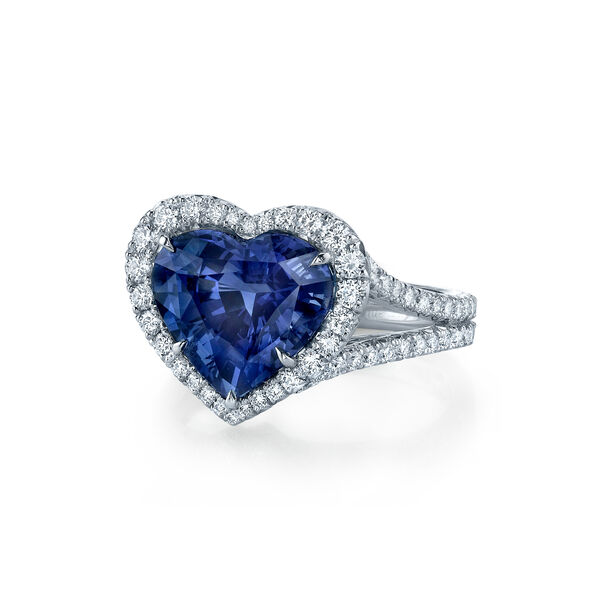 Heart-Shape Sapphire and Diamond Halo Ring
