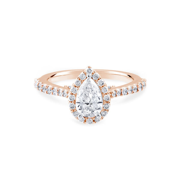 Bague de fiançailles à diamant coupe poire avec simple halo et anneau en or rose serti de diamants