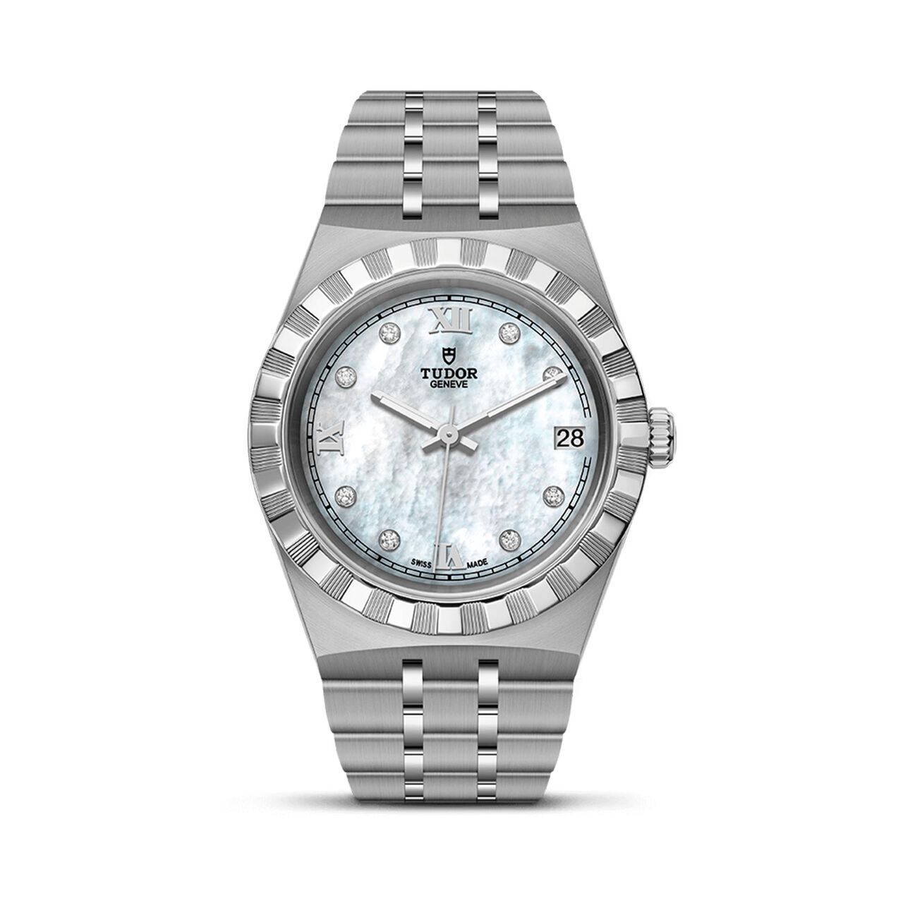 tudor royal 34 mm steel case mother of pearl diamond set dial steel bracelet m28400 0005 image number 0