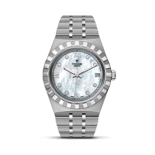 tudor royal 34 mm steel case mother of pearl diamond set dial steel bracelet m28400 0005 image number 0