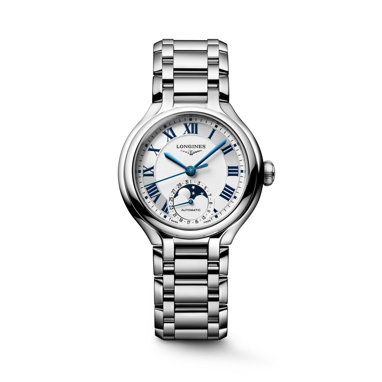 Front view of round stainless steel moonphase watch with stainless steel strap image number 0