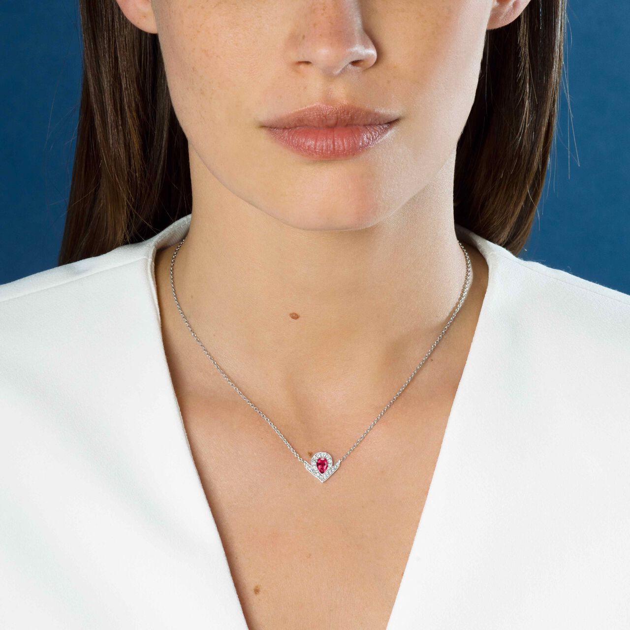 Chaumet Josephine Aigrette White Gold, Rubellite and Diamond Pavé Pendant 85145 on Model image number 1