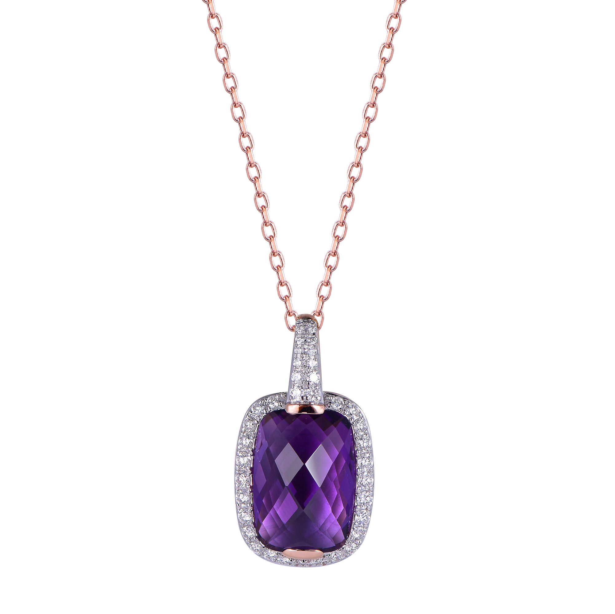 Amethyst Pendant with Diamond Halo in Rose Gold
