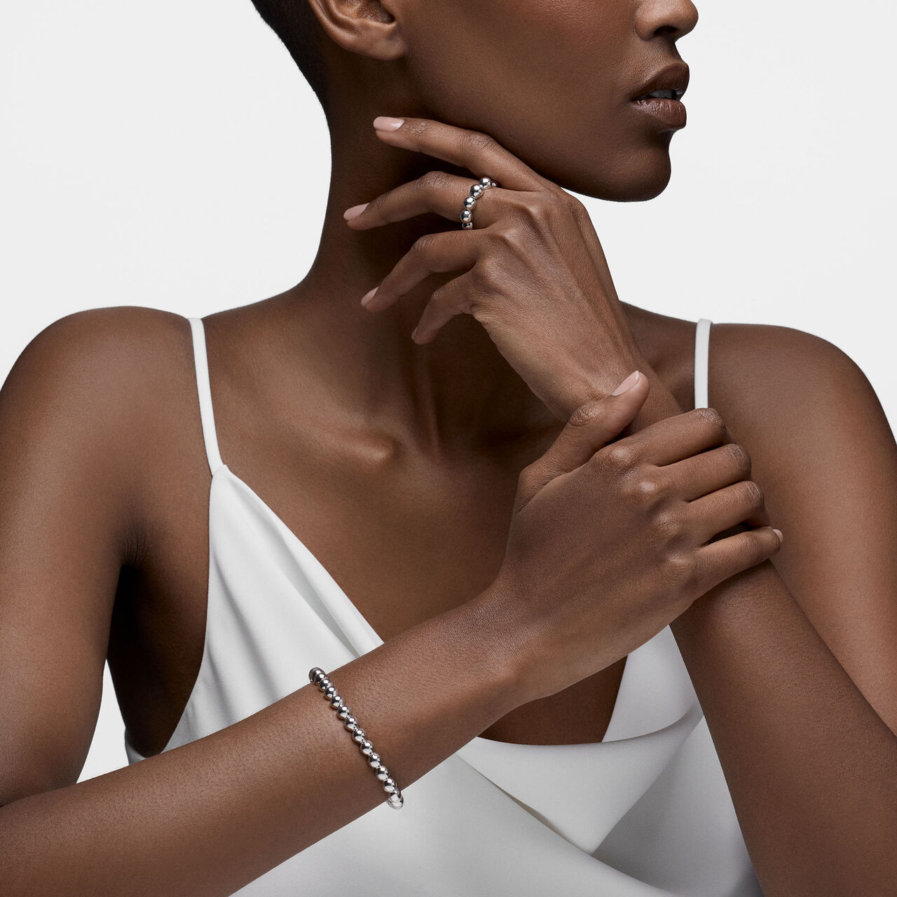 Birks Essentials Silver Beaded Ring on model image number 2