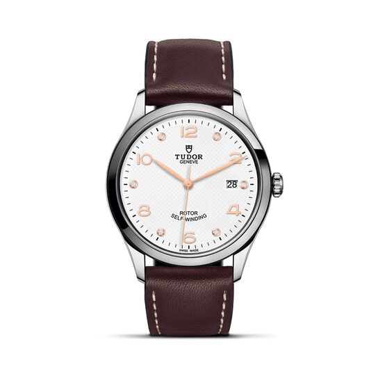 Tudor 1926 Boîtier en acier 39 mm^ cadran blanc serti de diamants^ bracelet en cuir brun^ lunette en acier image number 0