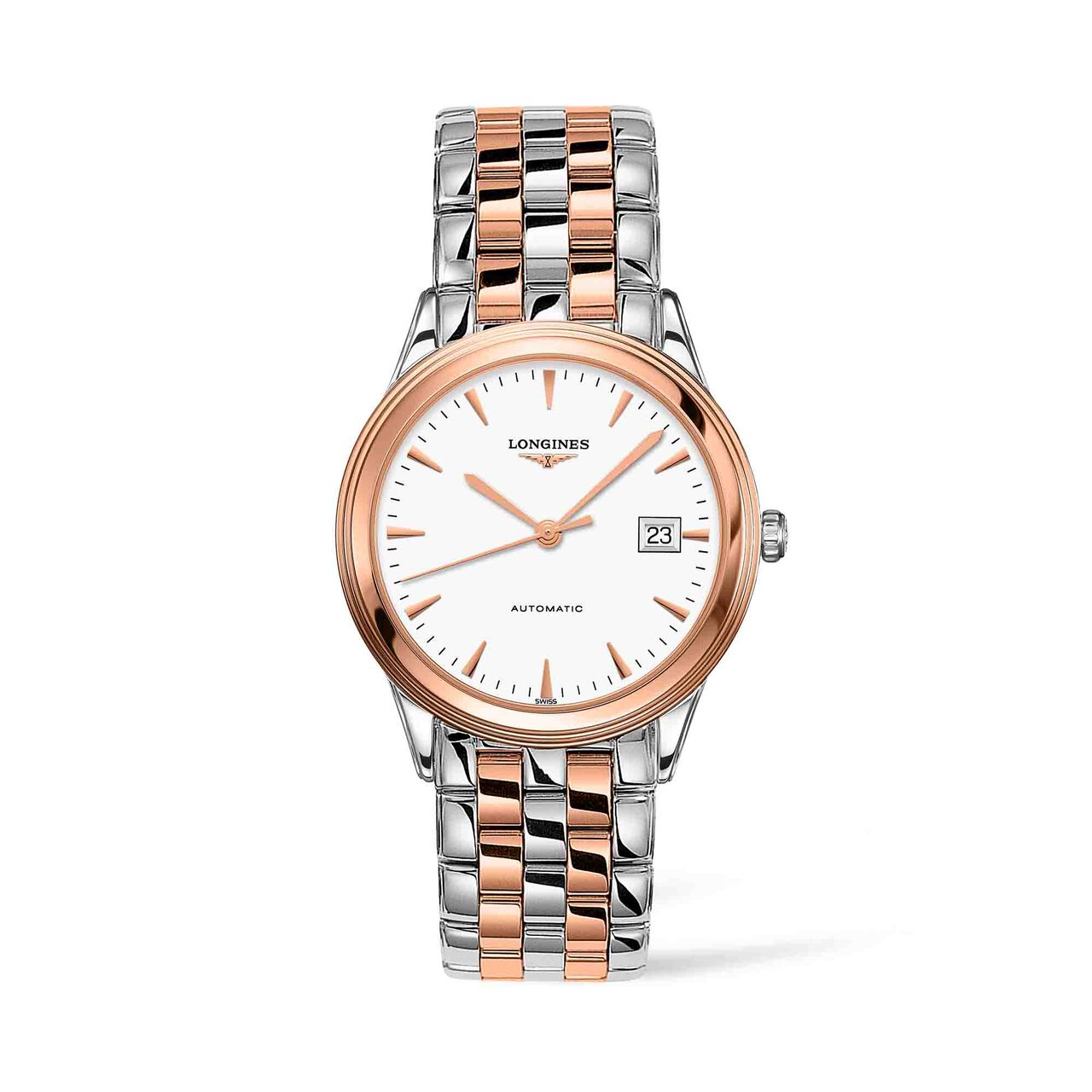 longines flagship 38 5mm automatic stainless steel and rose pvd mat white dial l49743927 image number 0
