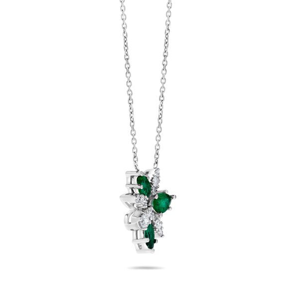 Pendentif floral en or blanc avec émeraude et diamant