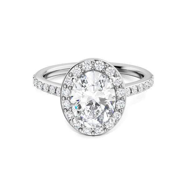 Platinum Oval-Cut Diamond Engagement Ring with Halo and Pav&eacute; Band